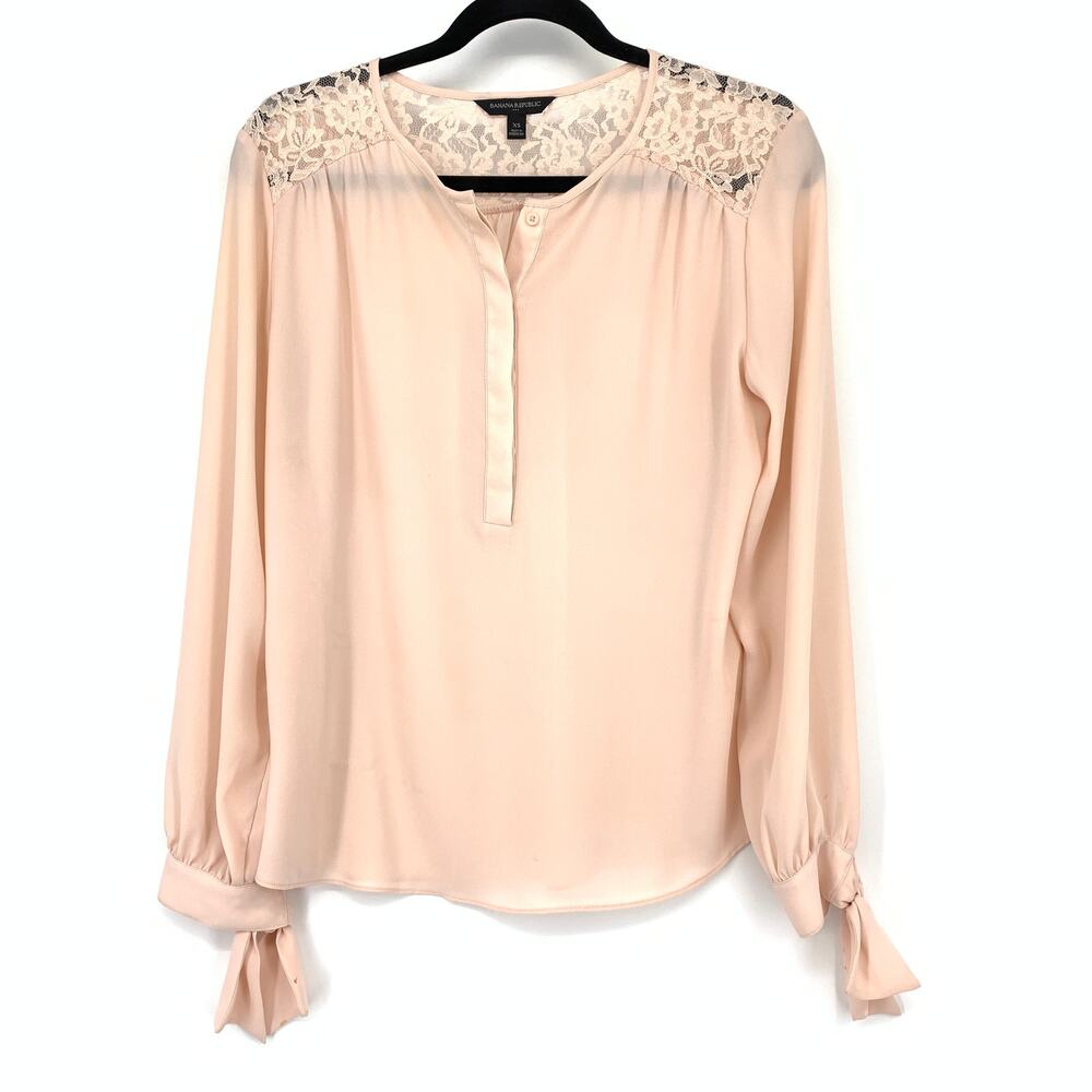 Banana Republic Factory Long Sleeve Tie Cuff Blouse Womens Sz XS Pink Lace Trim